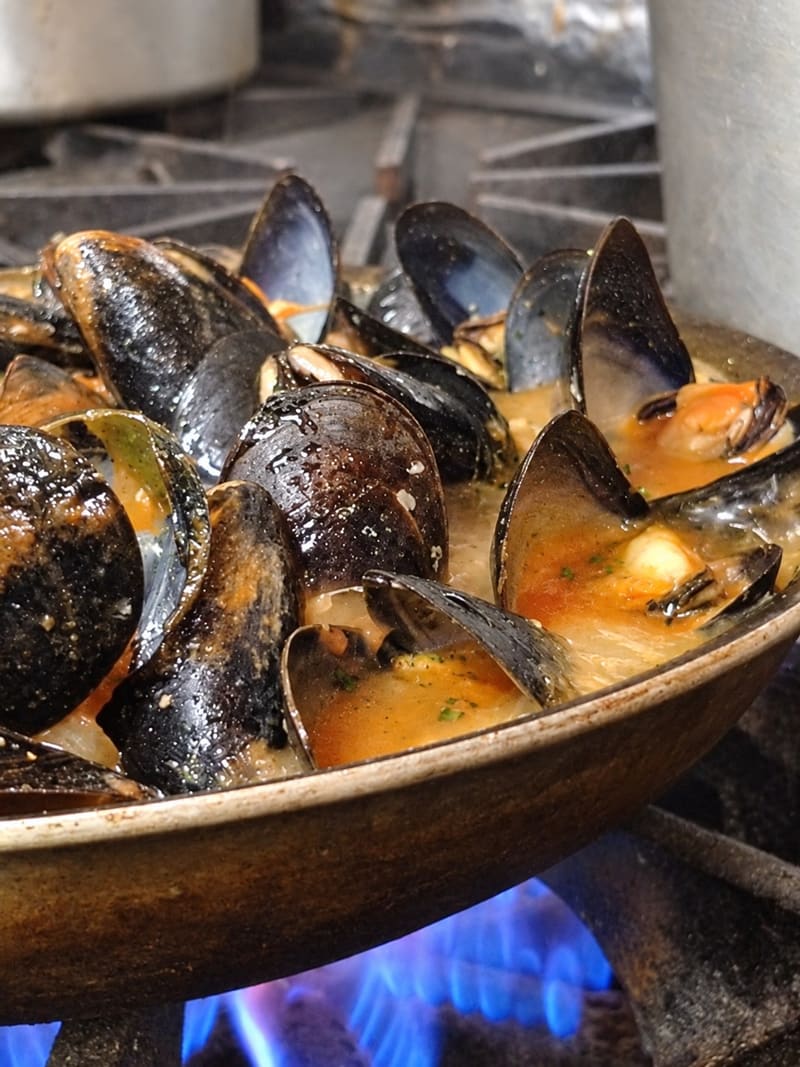 Mussels in a pan of broth over a blue gas flame